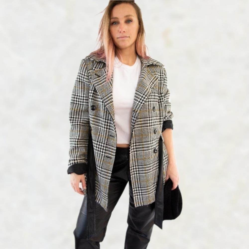 Alyx Houndstooth Check Short Pea Coat in Black, Yellow, White (Alyx 12 = US M)